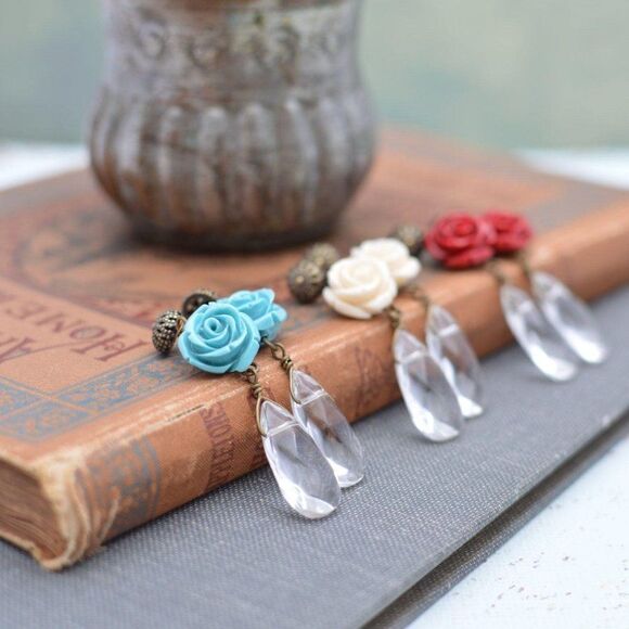 Turquoise Rose Earrings with Crystal Teardrops - Picture 5 of 5